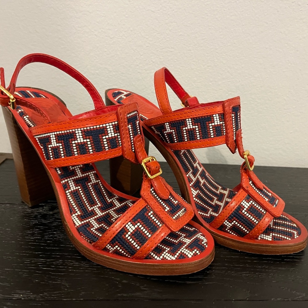 Tory Burch red and black block wedge heel